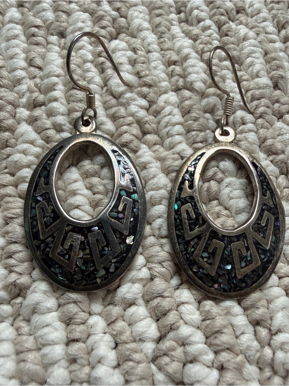 Sterling-Tone Abalone Inlay Oval Drop Earrings - Black Iridescent